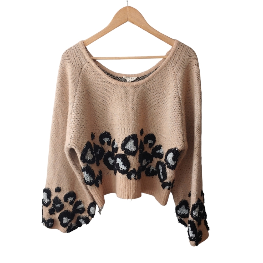 Adora Tan Animal Print Balloon Sleeve Sweater Size Medium - Picture 1 of 6